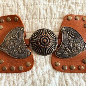 Women's studded brown decorative fashion leather and metal belt
